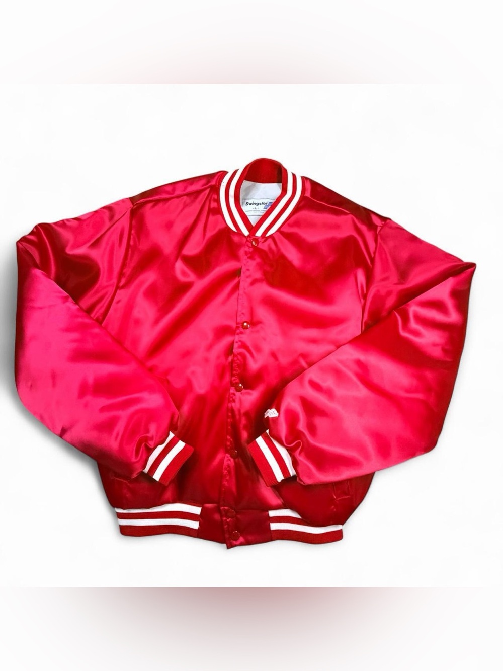 Unisex Red Satin Varsity-Style Bomber Jacket with Contrast Stripes